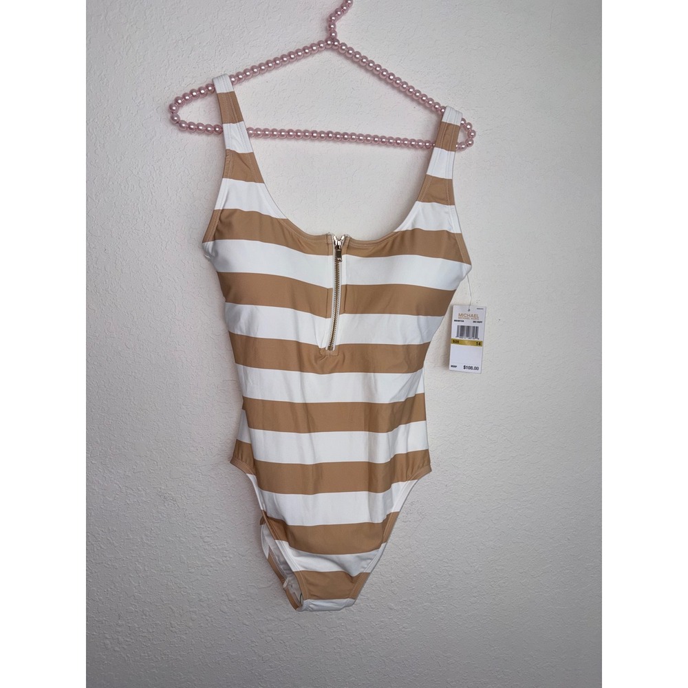 Michael Kors One Piece Swimsuit 14 Tan White New Striped Zip Front Scoop Back